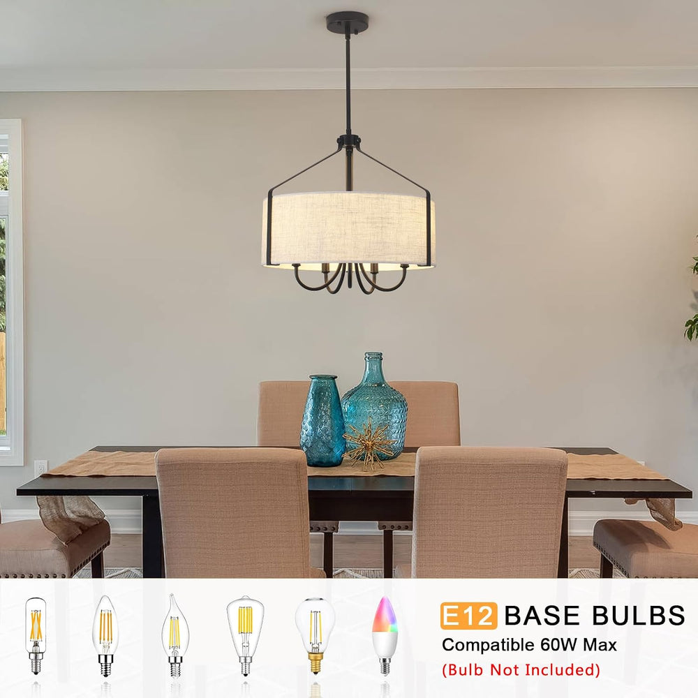 Farmhouse Chandelier for Dining Room, 5-Light Drum Chandelier with Black Meta...