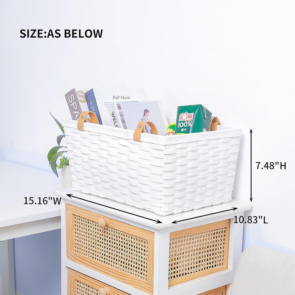 White Wicker Picnic Storage Basket with Leather Handles, Large