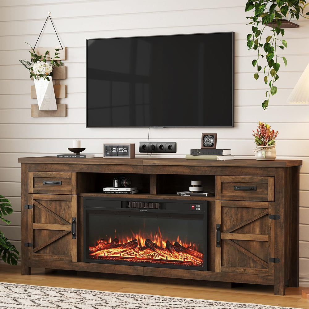 Fireplace TV Stand with Barn Door, 80 inch, Brown