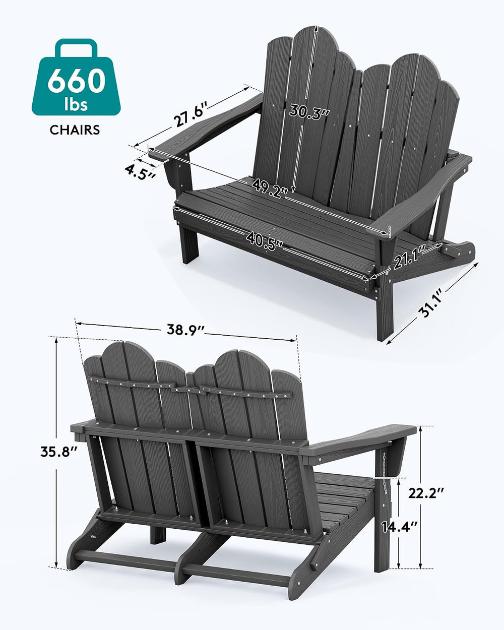 SERWALL Folding Adirondack Bench, HDPE All-Weather, 660lbs Cap, Grey