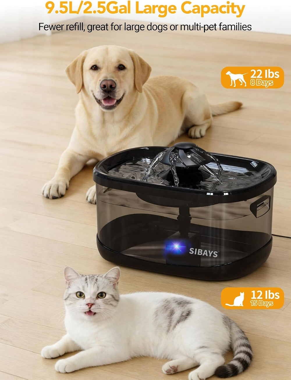 SIBAYS 9.5L/2.5Gal Dog Water Fountain, 3 Flow Modes Automatic Pet Water Fount...