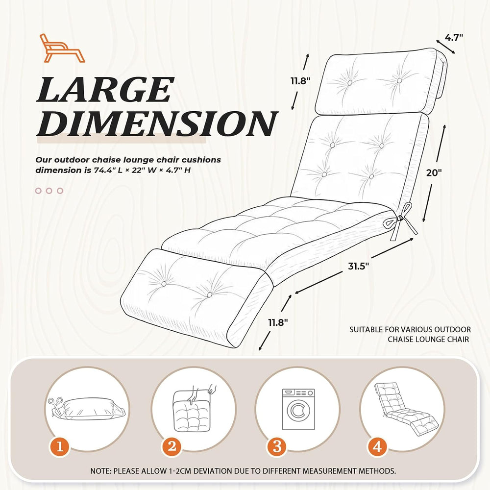 Chaise Lounge Cushion Outdoor, 74.4" x 22" Waterproof Patio Lounge ...