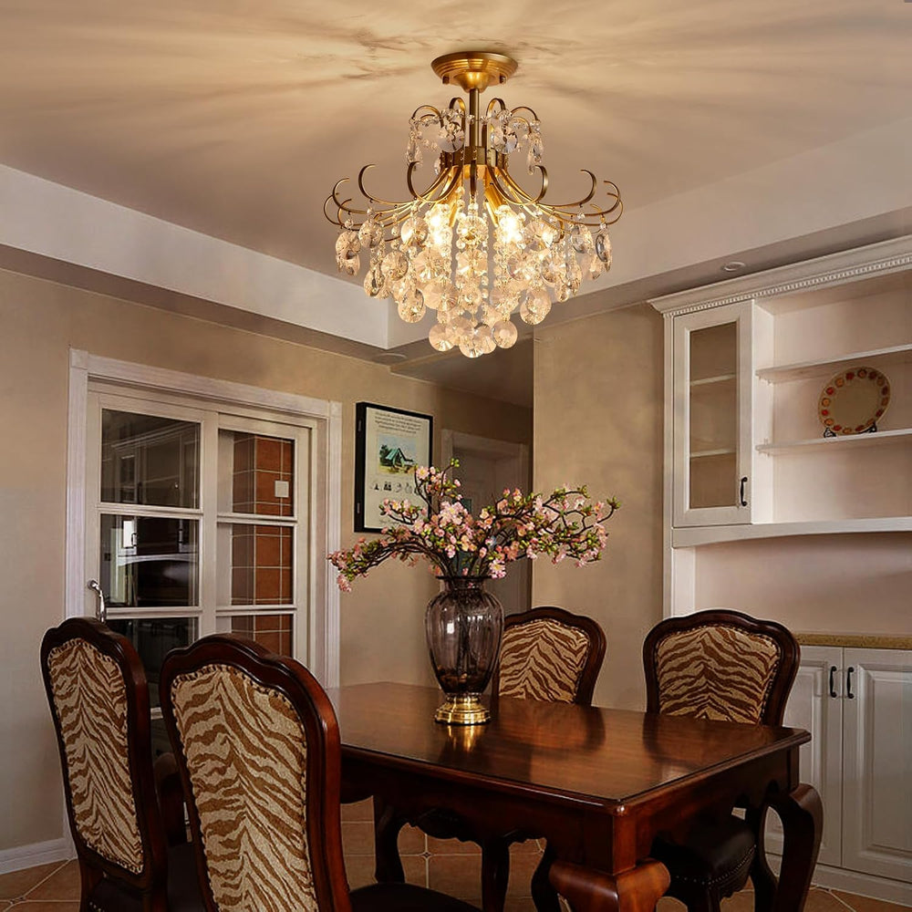 Gold Crystal Chandelier Ceiling Light, Luxury Crystal Semi Flush Mount Ceilin...
