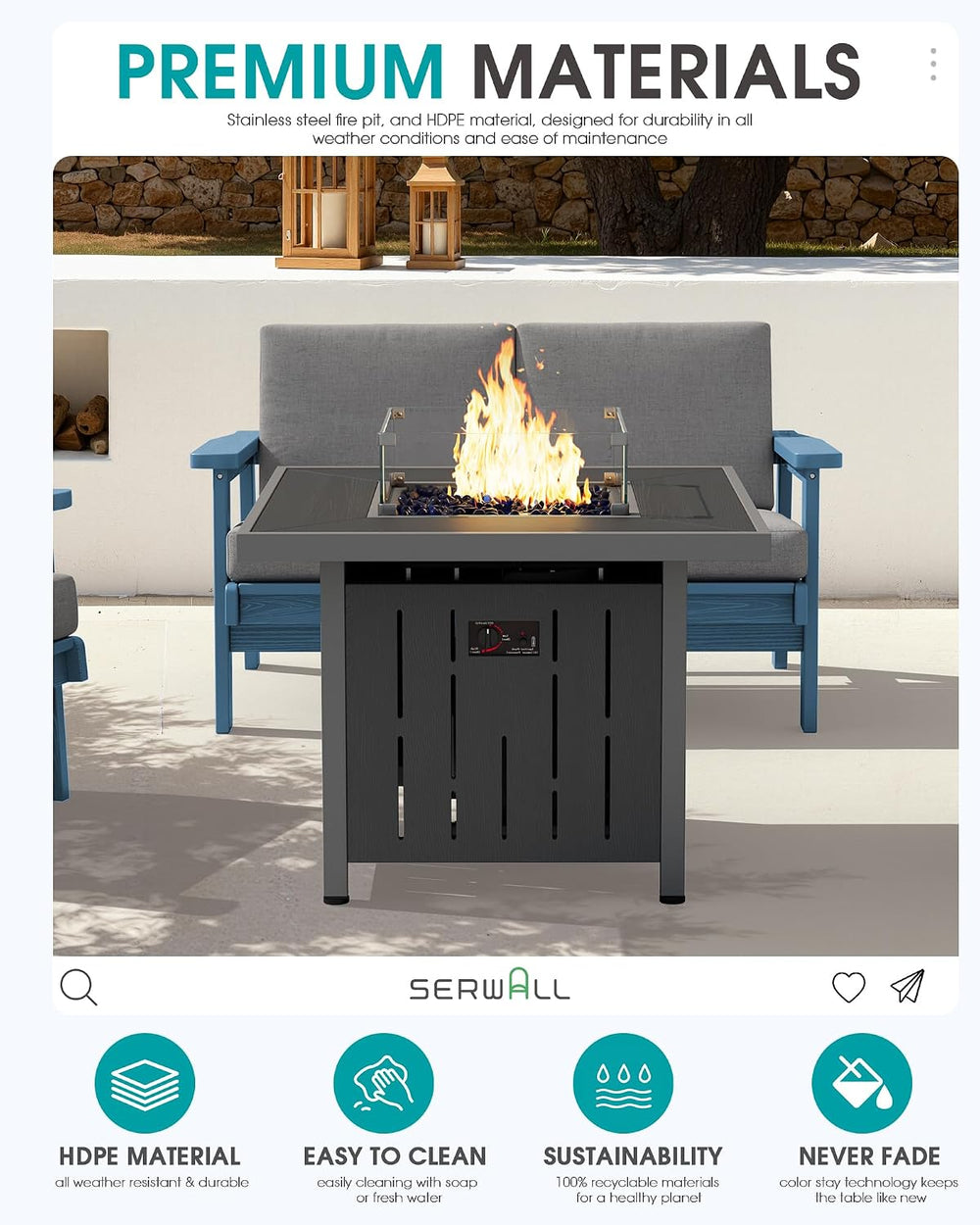 SERWALL 33" Square Outdoor Fire Pit Table with Lid, Black