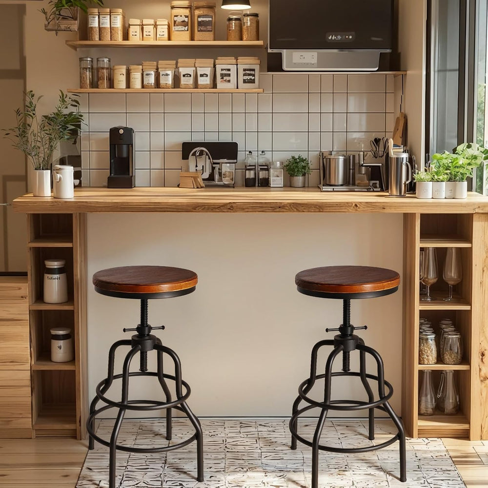LOKKHAN Vintage Industrial Barstools - 13.8" Dia Round Wooden Brown Seat...