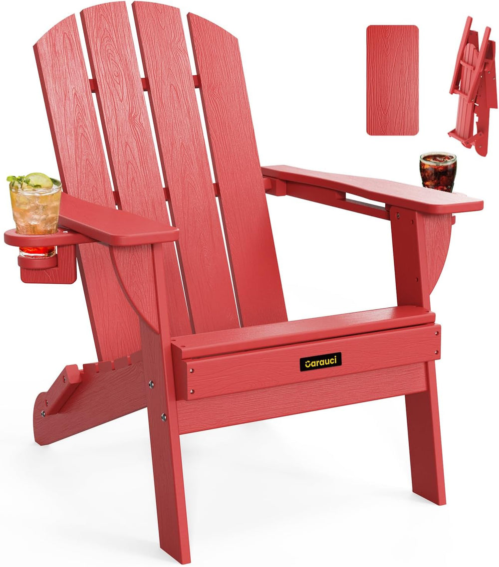 Folding Adirondack Chair, Wooden Textured Plastic Adirondack Chairs with 2 Cu...