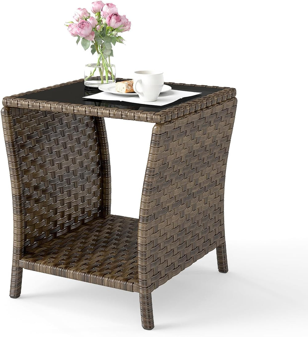 Outdoor Wicker Side Table, Rattan End Table, Glass Top,Patio Garden