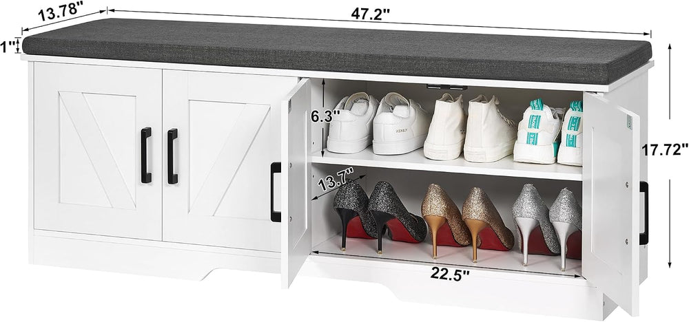 HOMSHO Farmhouse Shoe Storage Bench with 4 Barn Doors & Padded Seat Cushion