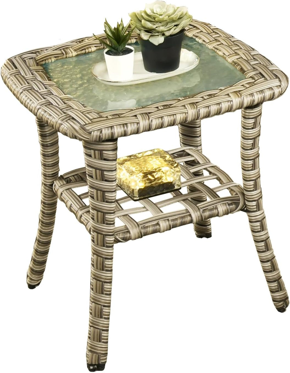ovios Outdoor Side Table with Tempered Glass Top, Patio Wicker Rattan 2-Tier ...