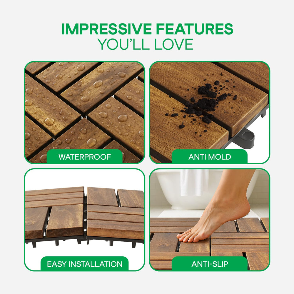 IDZO Interlocking Acacia Deck Tiles 9.6 SQFT, 10PCS, Golden, Checker