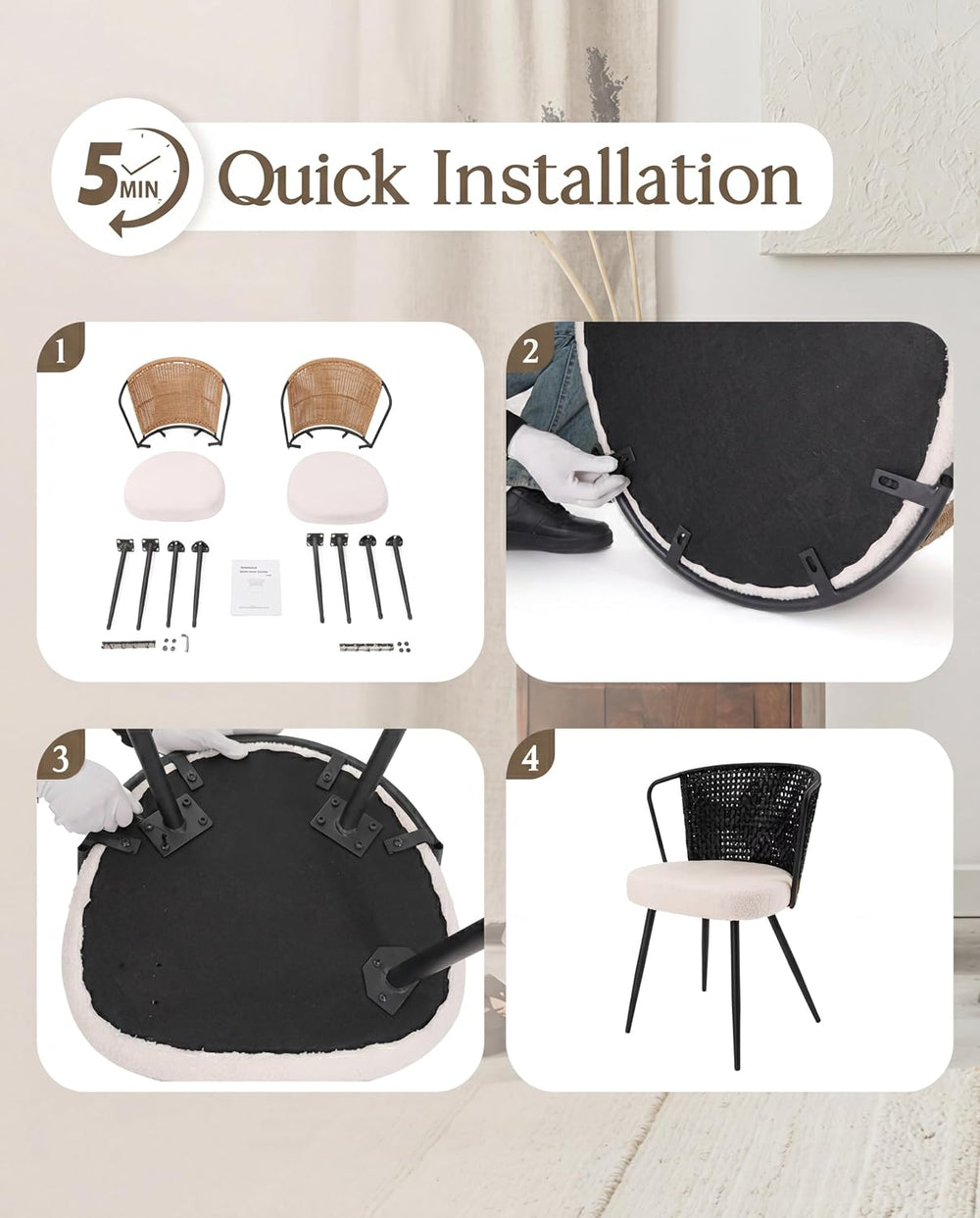 BedsPick Rattan Dining Chairs Set of 4 - Farmhouse Upholstered PE Rattan Kitc...
