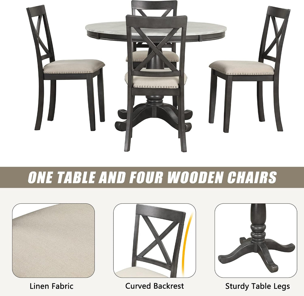 LUMISOL Round Dining Table Set for 4, Farmhouse Kitchen Table Set with Faux M...