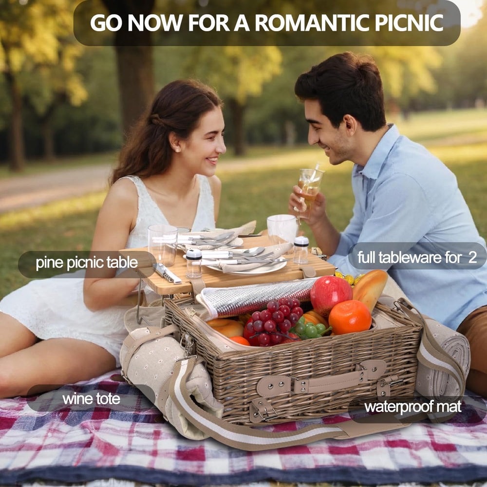 Multifunctional Wicker Picnic Basket Set for 2 with Blanket and Picnic Table,...