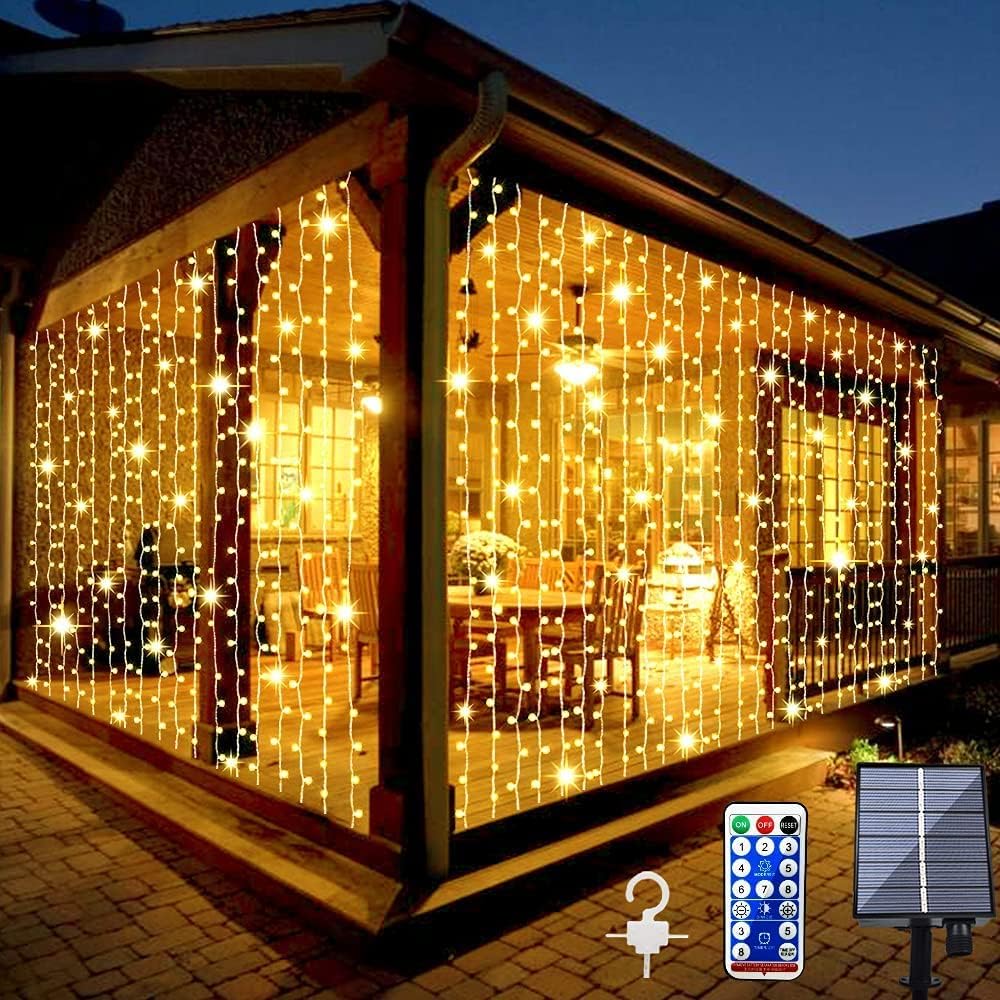 2 Pack Solar Curtain Lights Outdoor Garden Fairy String Lights 300 LED 8 Mode...