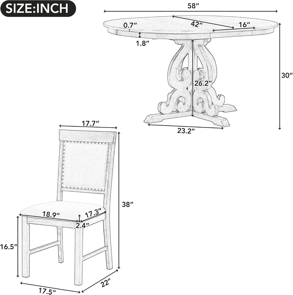 Merax Dining Table Set for 4, Extendable Round Tabletop, Upholstered Chairs