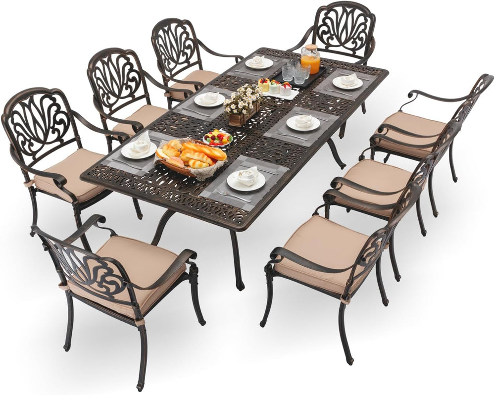 9-Pcs Cast Aluminum Patio Dining Set,87" Rectangular Table,Bronze