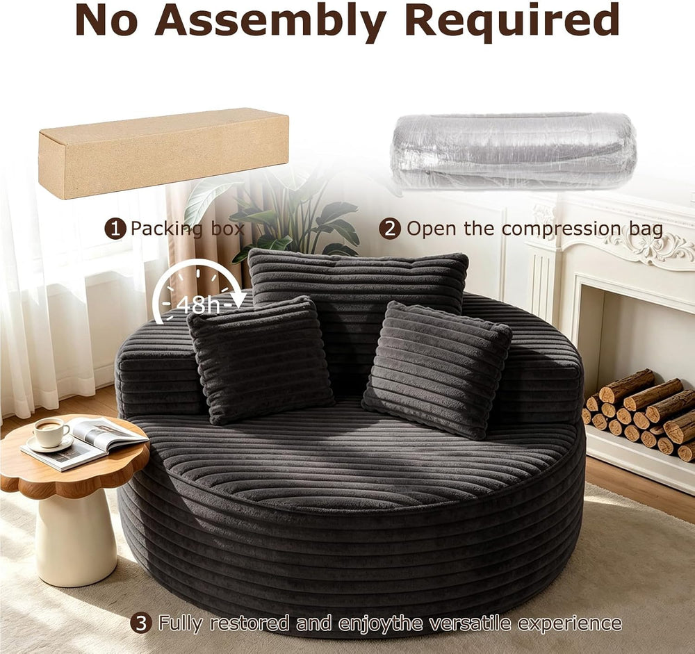 Oversized Round Chaise Longue Chair Indoor, Modern 55-inch Upholstered Cordur...