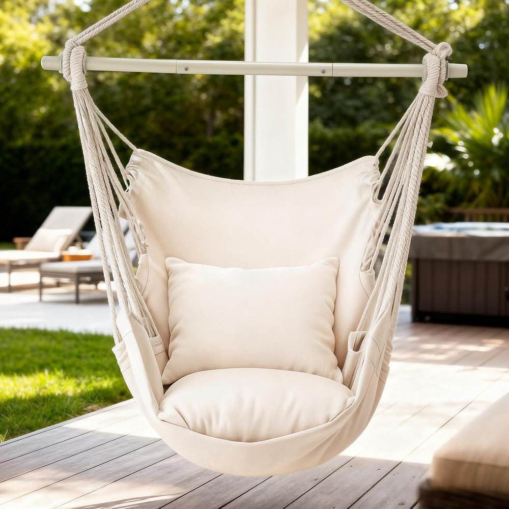 MoNiBloom Hammock Chair Hanging Rope Swing w/2 Cushions, Beige