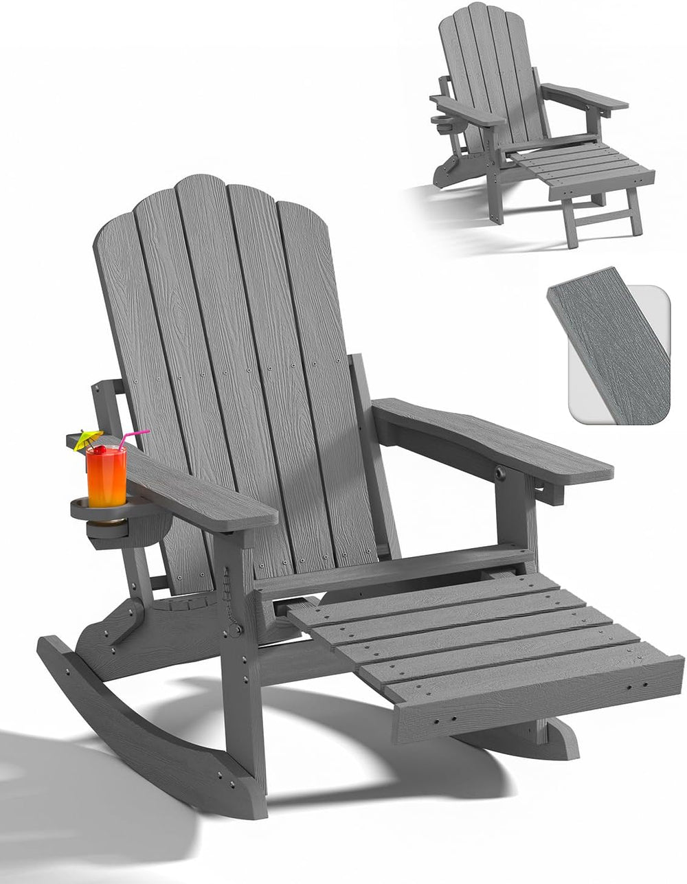 Folding Adirondack Rocking Chair with Retractable Ottoman for Patio, Porch