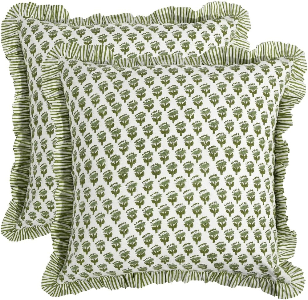 CPC Block Print Ruffle Throw Cover Emerald Green 20"x20" Inch Pack ...