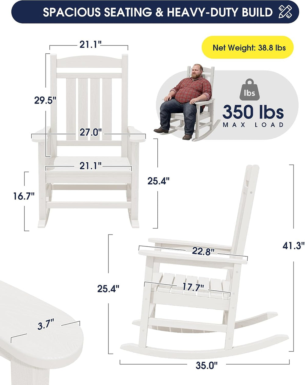 KINGYES Oversized Outdoor Rocking Chairs Set of 2, HDPE Porch Rocker, White