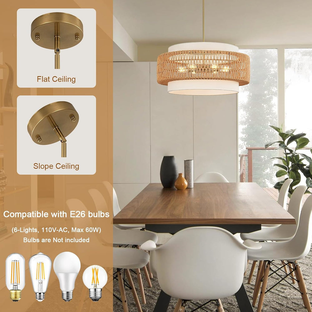 6-Light Rattan Chandelier for Dining Room, 25.6" Boho Pendant Hanging Light