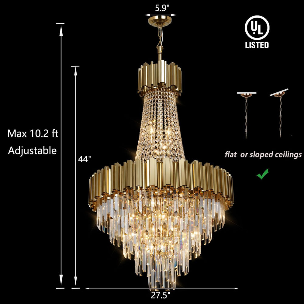 Modern Gold Crystal Chandelier Luxury for High Ceiling Foyer 5-Tier H44"