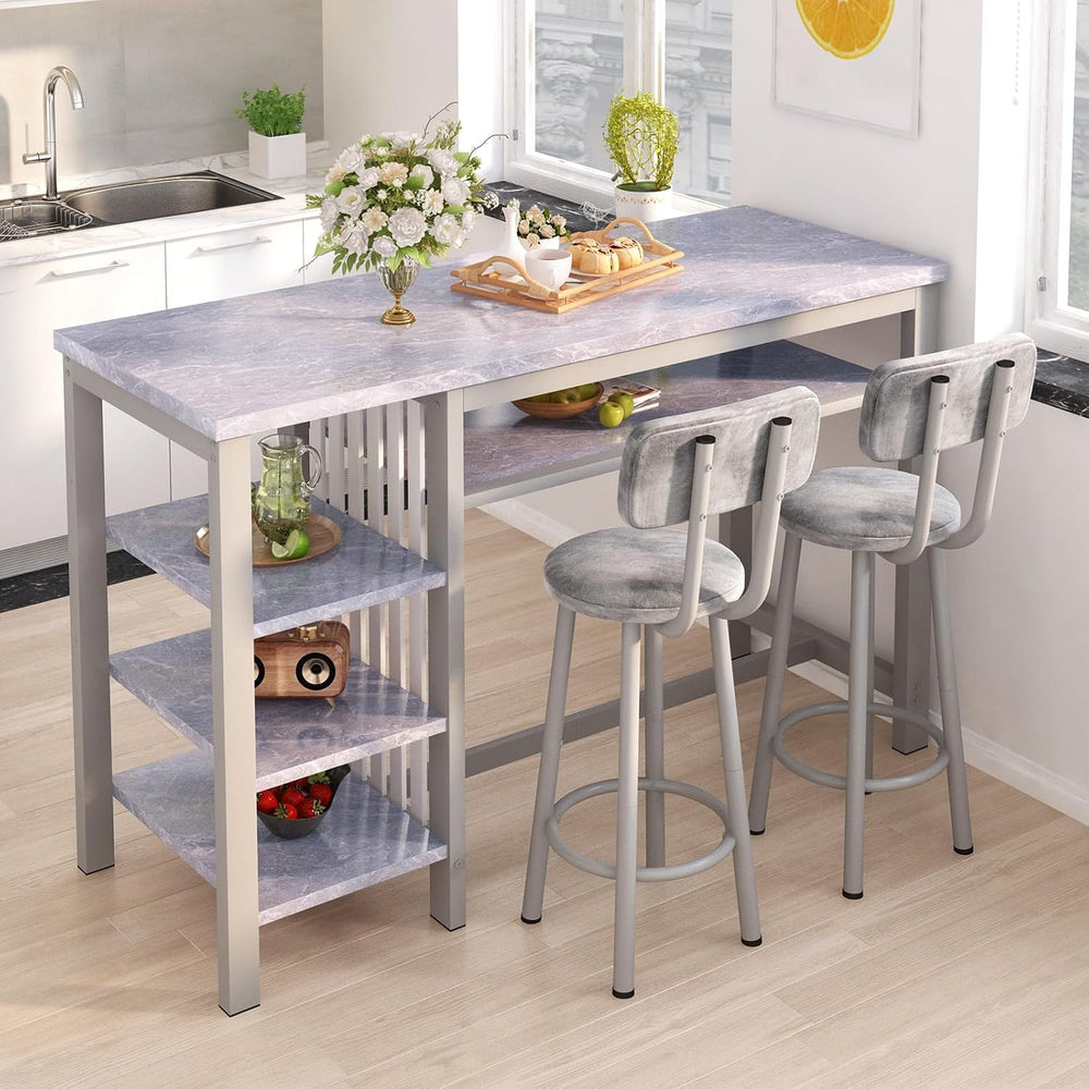 AWQM 3-Piece Bar Table and Chairs Set, Modern Gray Table with 2 PU Cushion Ba...