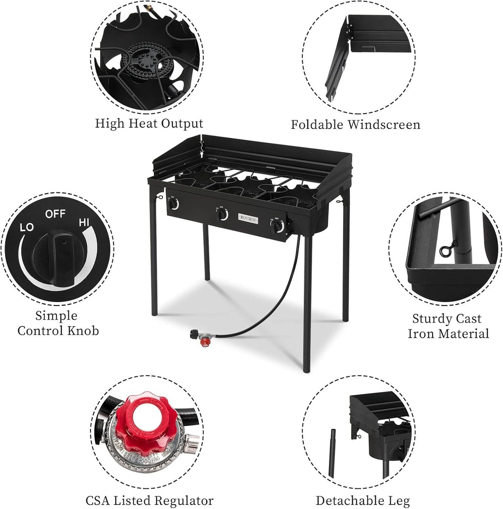 ROVSUN 3 Burner Outdoor Propane Gas Stove with Windpanel, Carrying Bag & ...
