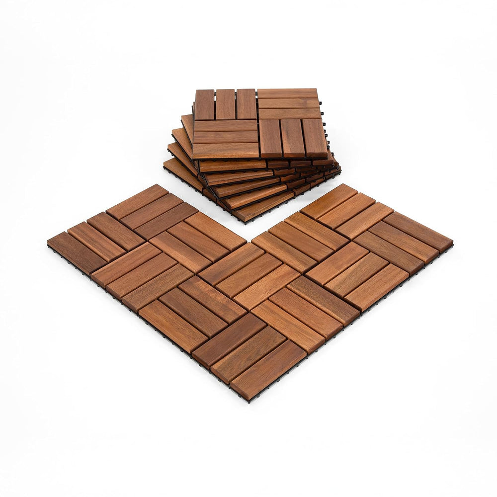 Set of 9 Deck Tiles for Balcony, Poolside, Outdoor Area - Solid Acacia Waterp...