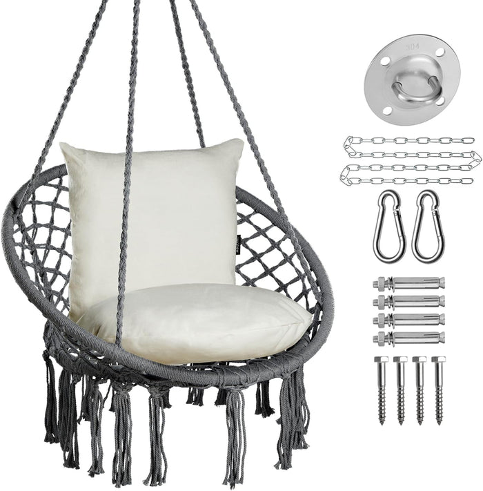JoyView Macrame Hammock Chair, Hanging Chair with 2 Cushions, Hardware Kit