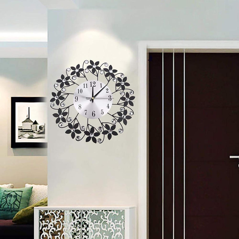 Battery Operated Black and Crystal Clock Wall Clock Decor Modern Metal Wall f...