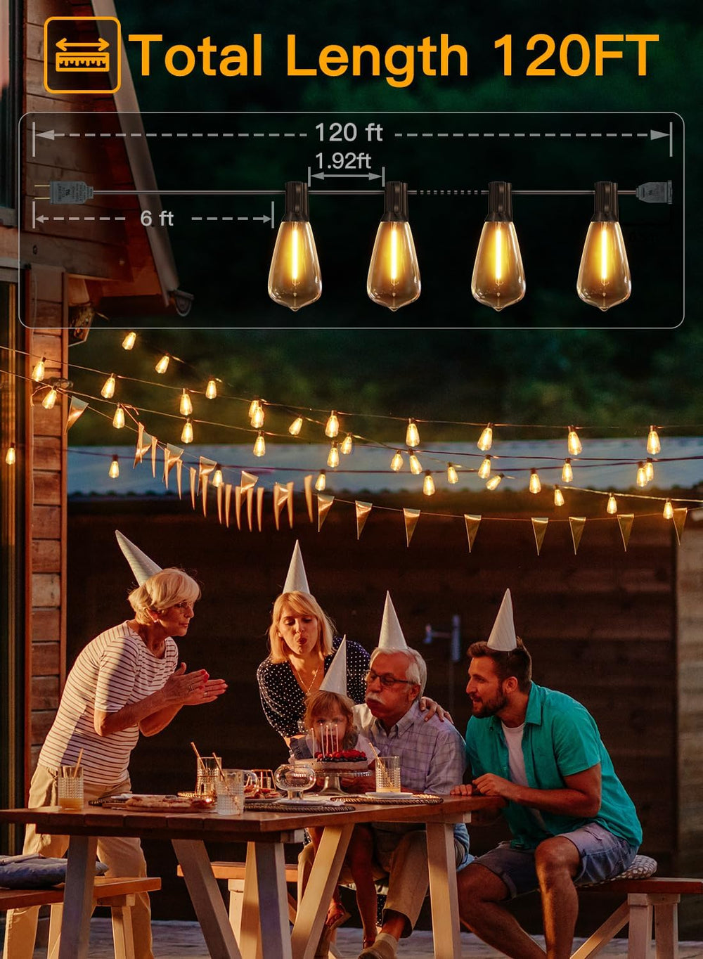 Ollny Outdoor String Lights 120FT with 60+2 Spare ST38 Vintage Bulbs, Shatter...