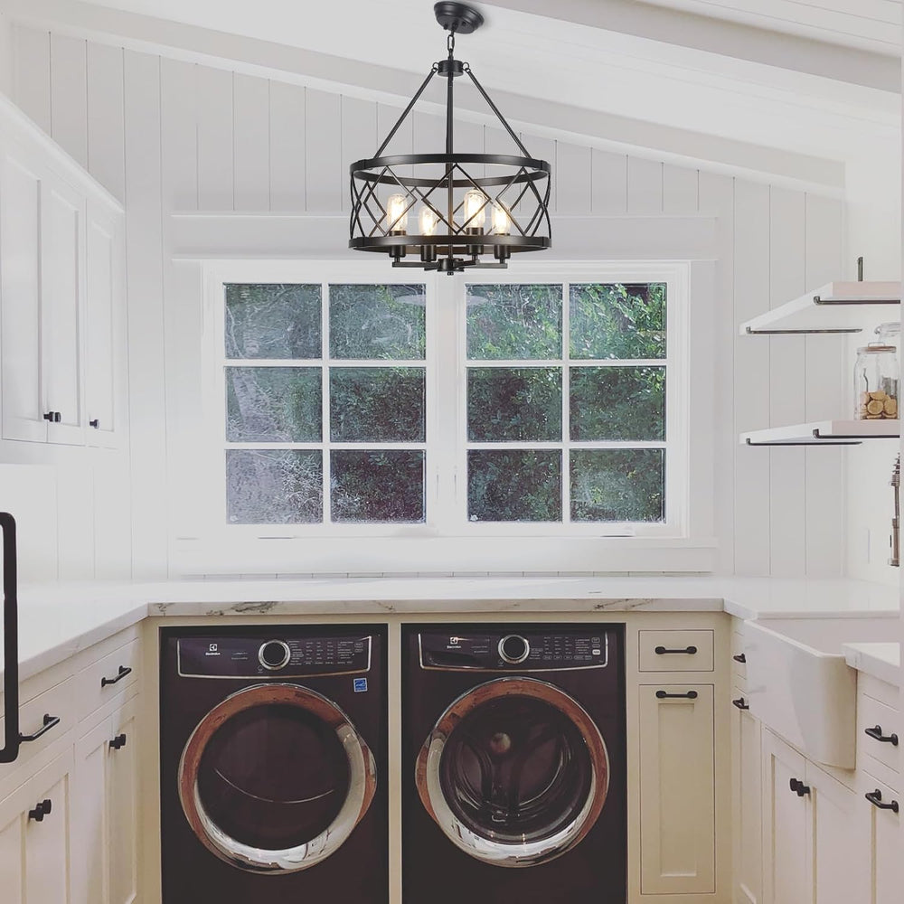 17.7" Black Farmhouse Chandelier, 4-Light Modern Drum Pendant Light Fixt...