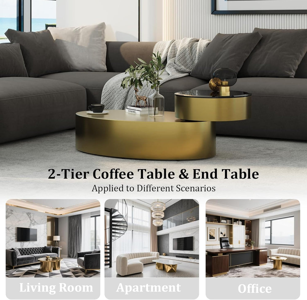 Oval Rotating Coffee Table with Tempered Glass Top, 2-Tier Design & 360° ...