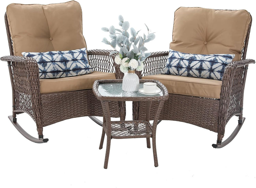 Patio Furniture Set 3 Pieces, Wicker Outdoor Rocking Bistro Set, Khaki