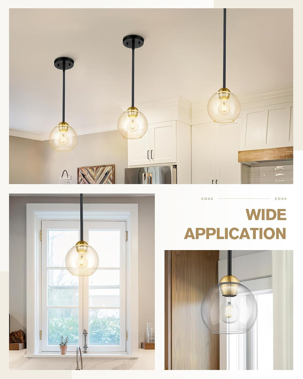 Emak 2 Pack Black and Gold Pendant Light Fixtures, Modern 7 Inch Globe Pendan...