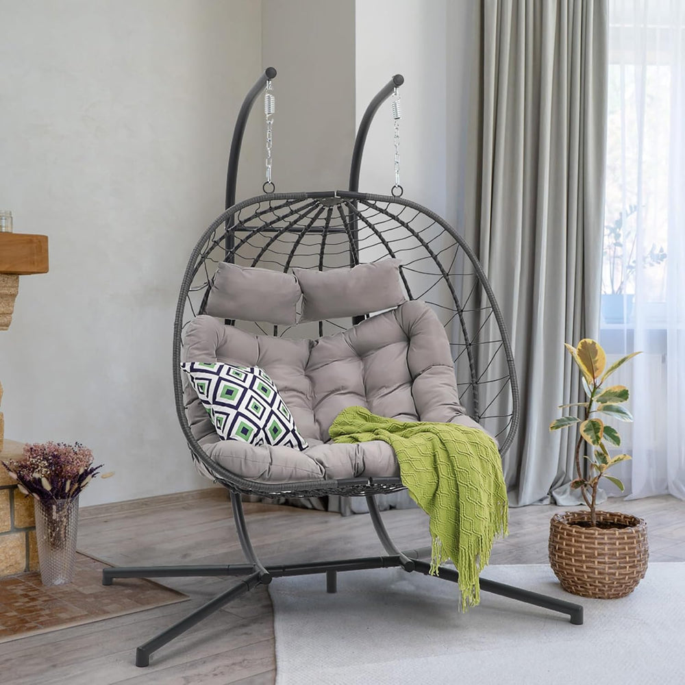 Patiorama 2 Person Double Egg Swing Chair with Stand, Wicker, Light Grey
