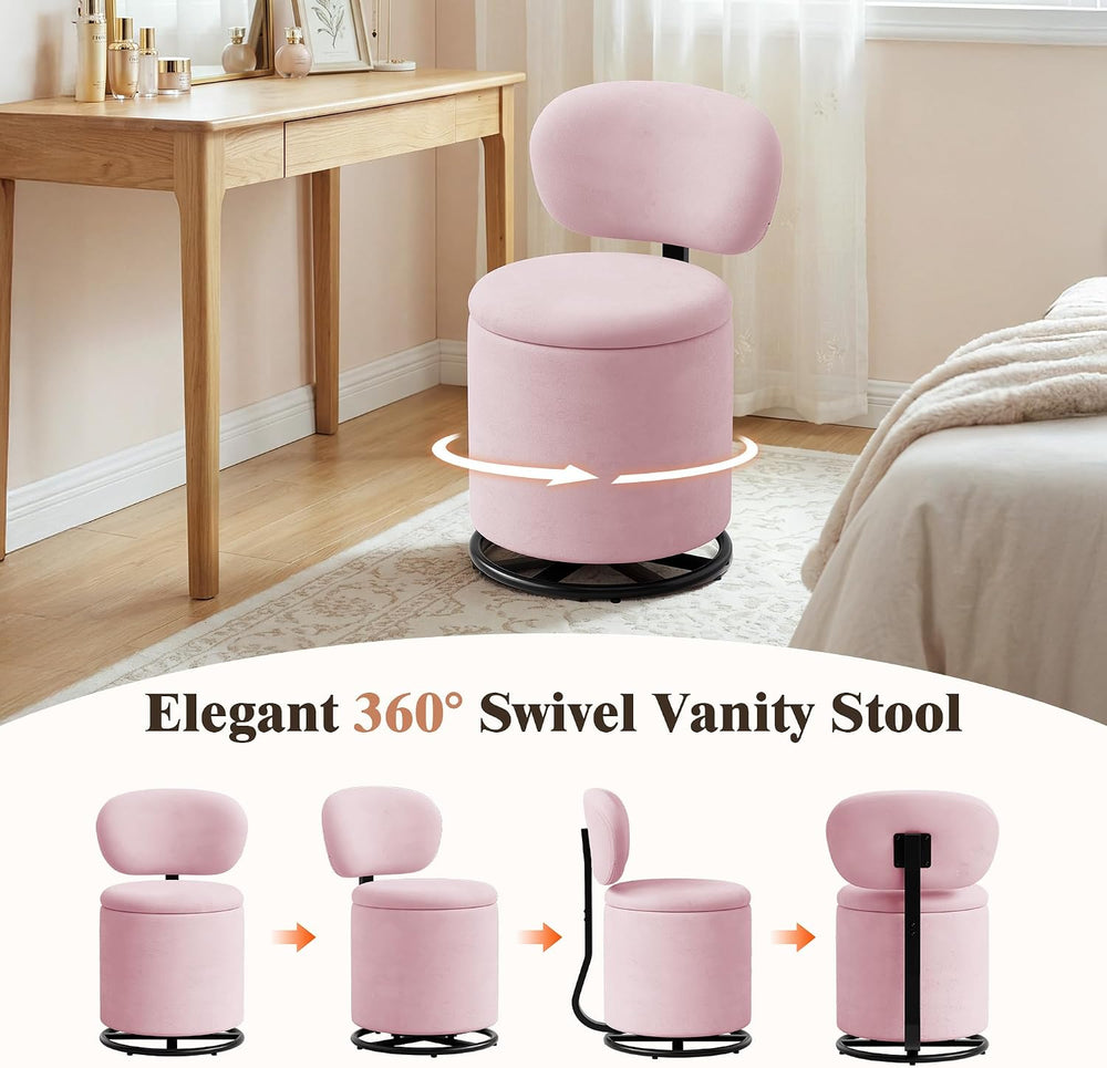 LIVELYGLOW Pink Velvet Swivel Vanity Chair with Storage Makeup Stool
