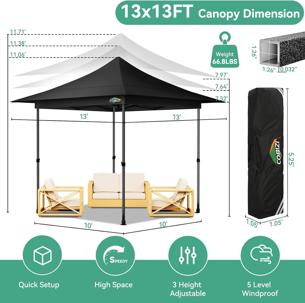 COBIZI 13x13 Pop Up Canopy Tent Heavy Duty with Auto-Extending Eaves
