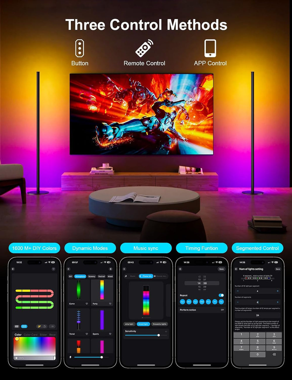 Corner Floor Lamp 2 Pack, RGB IC LED Corner Lamp 55" with APP Control, 1...