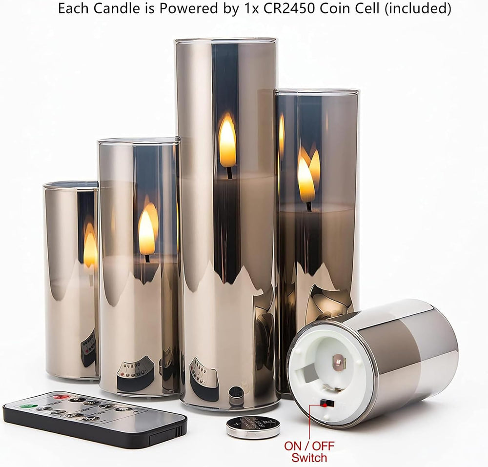 Eywamage Grey Glass Flameless Pillar Candles with Remote Batteries Set of 5