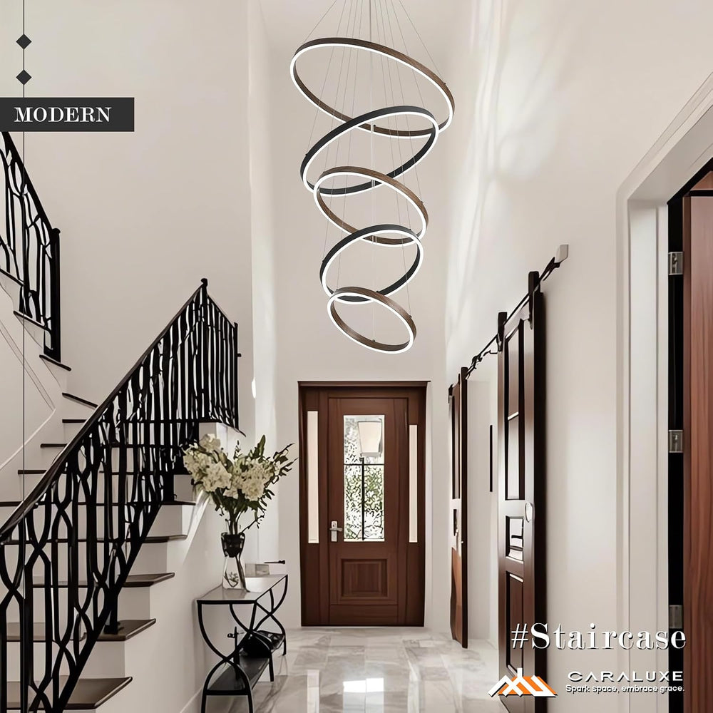 LED 5 Ring Chandelier High Ceiling Foyer Chandeliers Black Walnut Dimmable