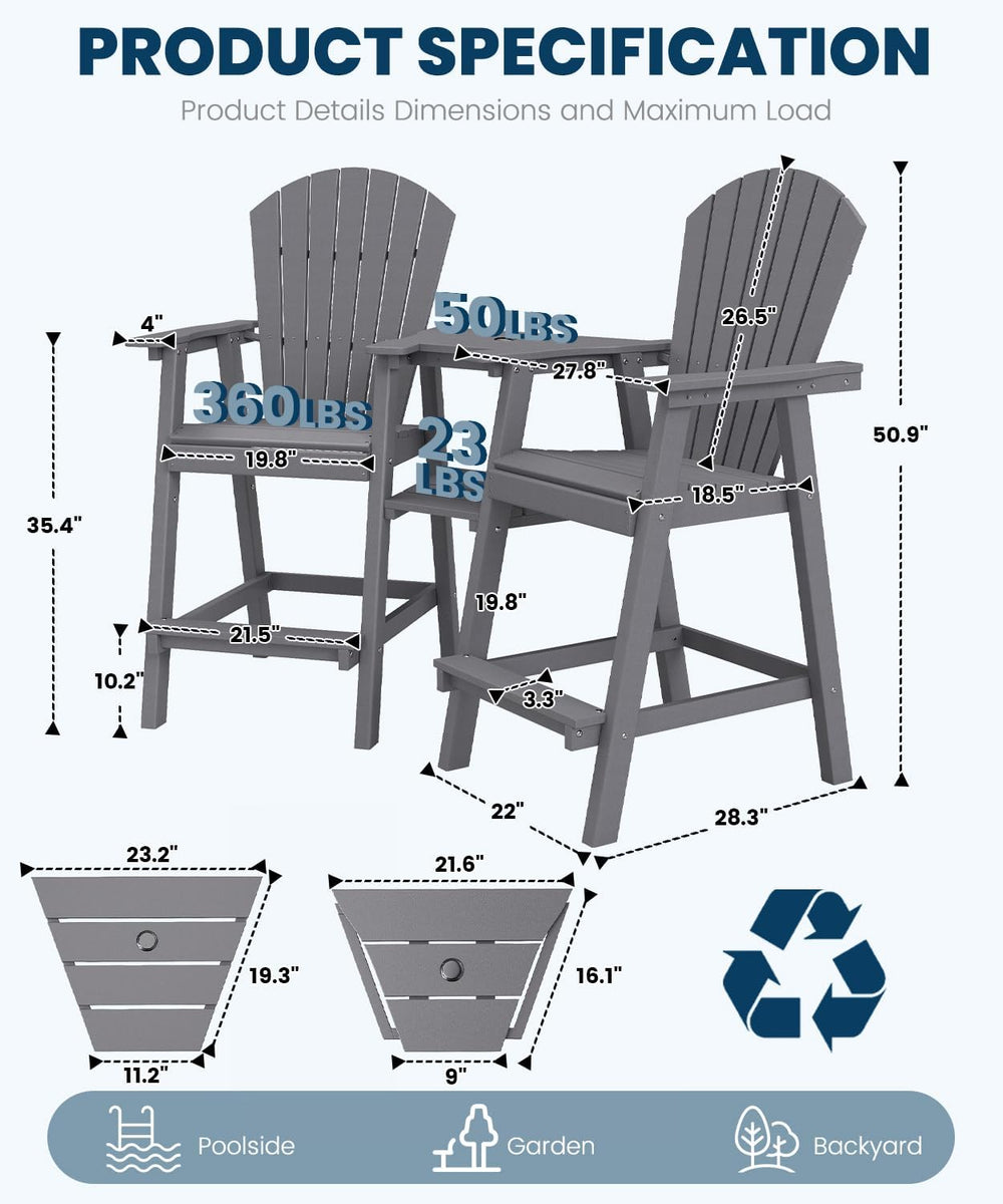 FOOWIN Tall Adirondack Chairs Set of 2 with Double Connecting Trays