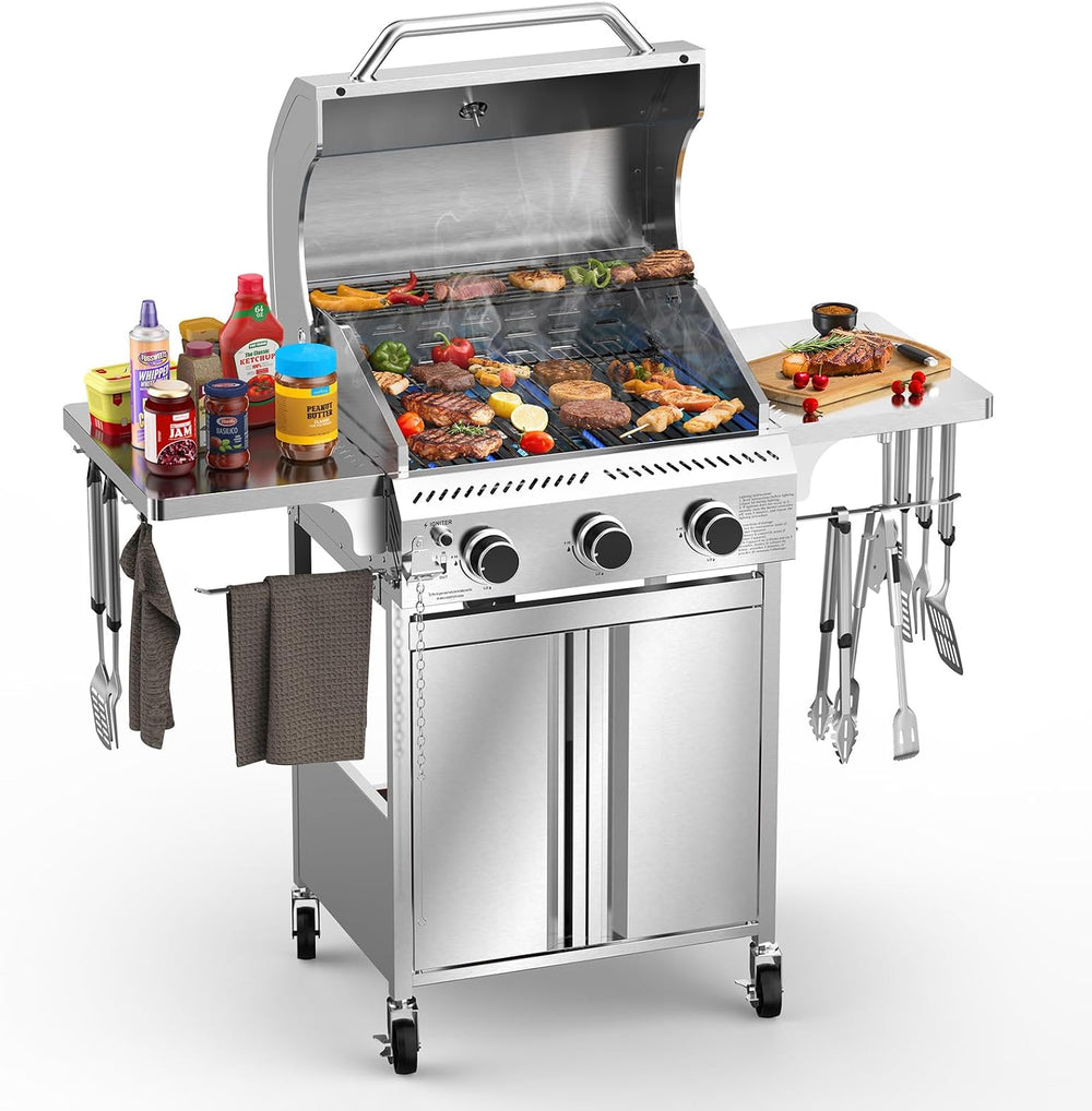Electactic G31 Gas Grill, 3-Burner Gas Grill with Folding Side Tables,Stainle...