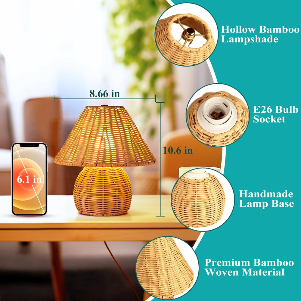 WERFOP Bamboo Table Lamp Handmade Boho Rattan Bedside Lamp,3 Colors Adjustabl...