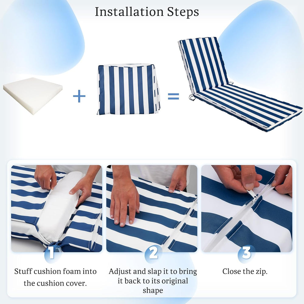 Outdoor Chaise Lounge Cushions, 71x22x3 in, Blue White Stripes