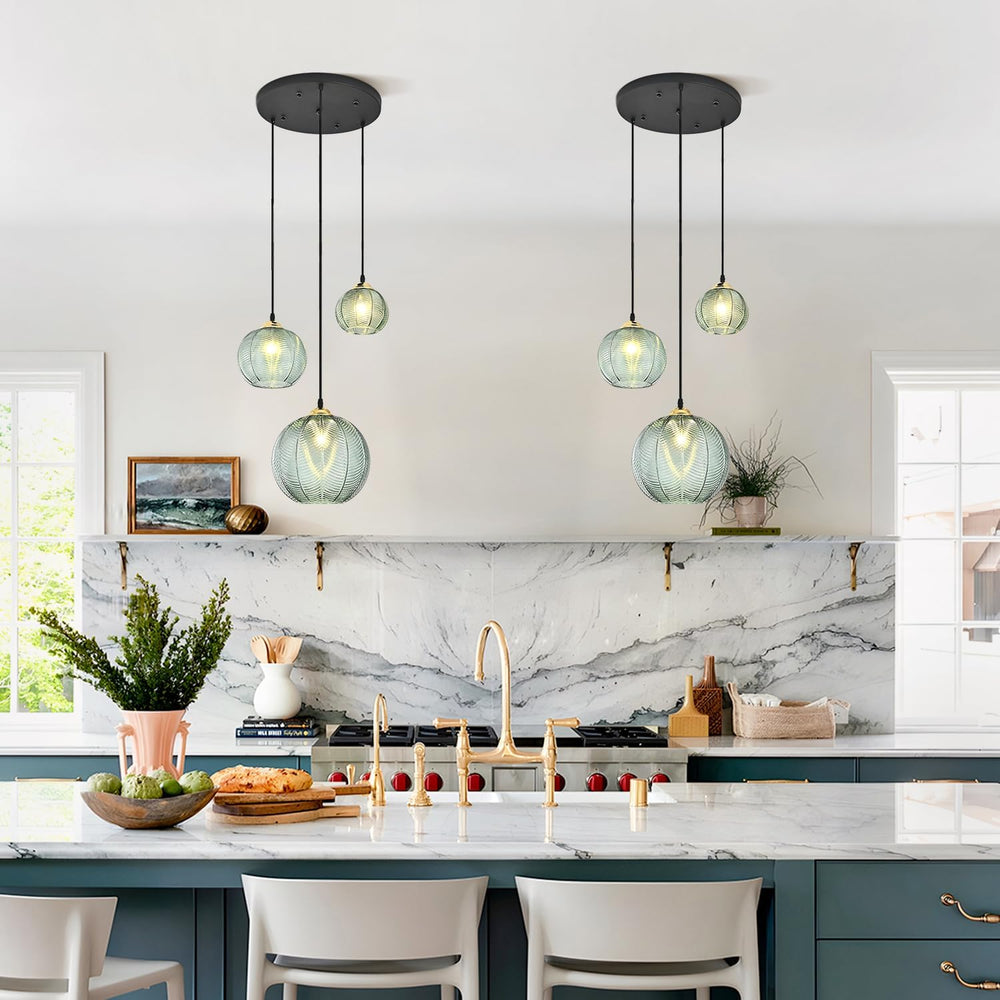 KCO 3-Light Vintage Green Ribbed Glass Globe Cluster Pendant Light Fixture