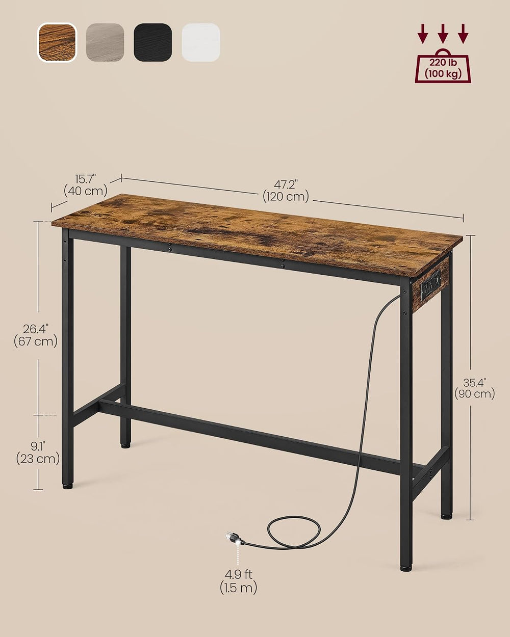 VASAGLE Bar Table with Power Outlets, Computer Desk, 47.2" W
