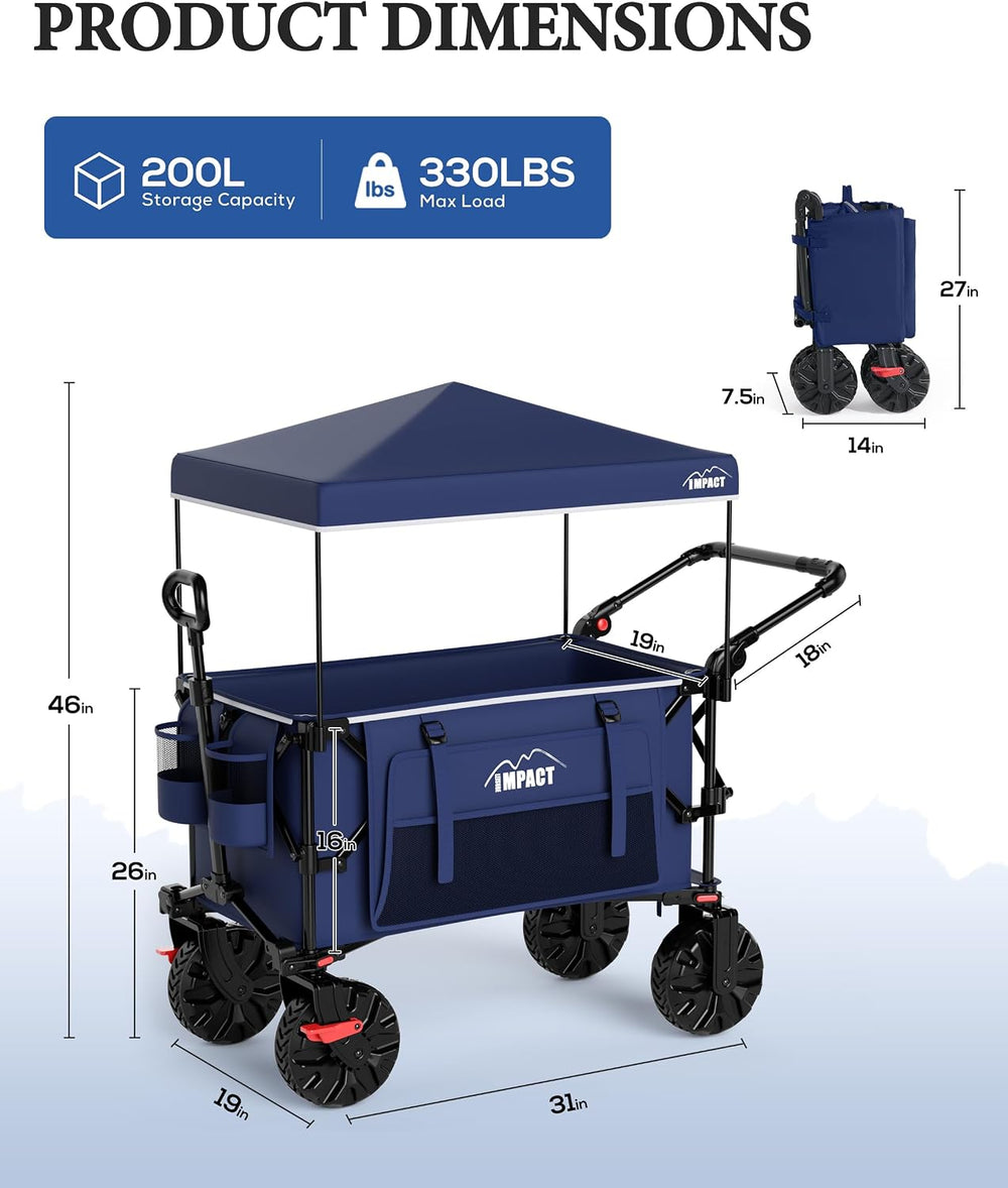Foldable Push Wagon with Canopy, 200L Portable Folding Utility Pull Cart
